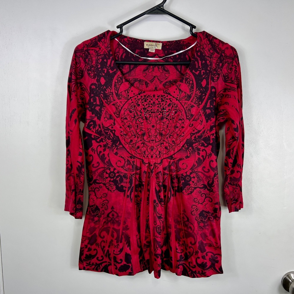 Y2K Womens Rhinestone Embellished Top Size‎ S Red Black Whimsigoth Witchy 90s